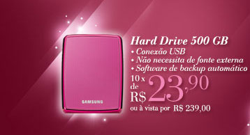 Hard Drive 500 GB, Conexão USB, Não necessita de fonte externa, Software de backup automático