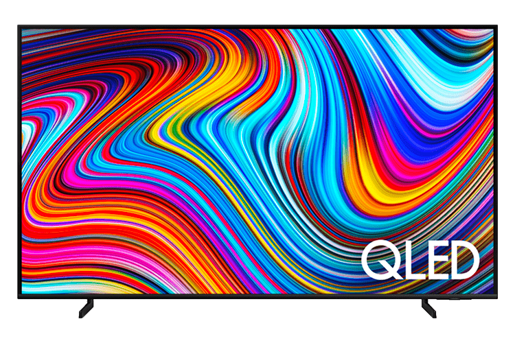 Imagem da TV do modelo Q60C exibindo na tela um fundo colorido e abaixo no canto inferior direto o texto 'QLED'. É uma TV que tem uma camada de pontos quânticos com certificação da PANTONE.