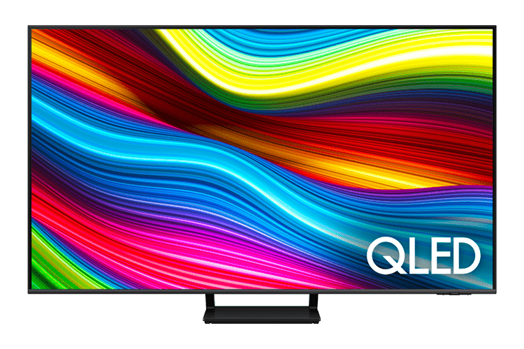 Imagem da TV Q70C exibindo na tela um fundo colorido e logo abaixo no canterior inferior direito o texto 'QLED'. O ponto forte dessa TV é sua taxa de atualização até 120Hz com o Motion Xcelerator Turbo+