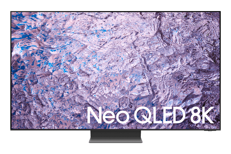Imagem da TV QN800C exibindo na tela uma fundo roxo com detalhes em azul e logo abaixo no canto inferior direito o texto 'Neo QLED 8K'. Um dos pontos fortes dessa TV é a tecnologia 8K Real com painel 120Hz nativo que torna a realidade ainda mais surpreendente.