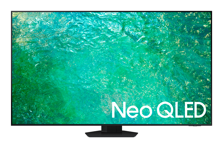 Imagem da TV QN85C exibindo na tela um fundo verde claro com ondulações parecida com o Mar e logo abaixo no canto inferior direito o texto 'Neo QLED'. Possui a experiência sonora completa com Dolby Atmos com Som em Movimento e Sincronia Sonora.