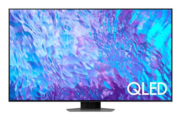 Imagem da TV Q80C na versão de 55 polegadas exibindo na tela uma imagem com degradê entre azul e roxo e logo abaixo no canto inferior direito o texto 'QLED'