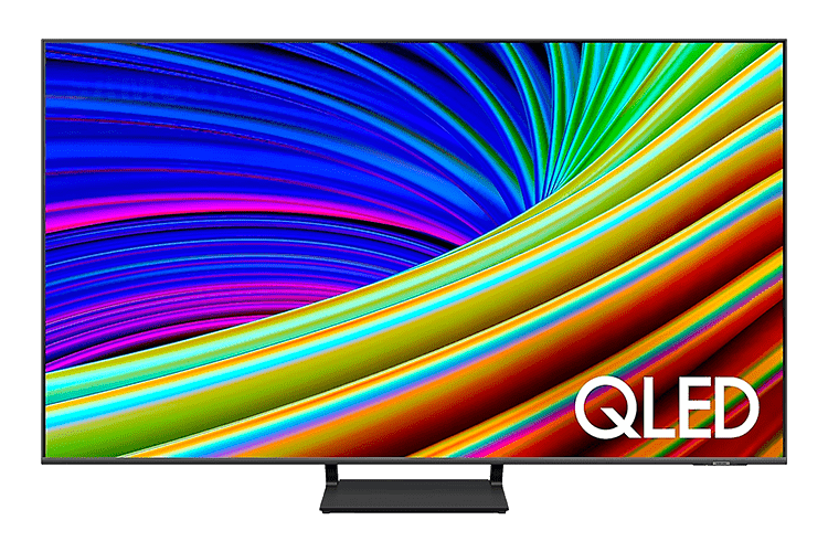 Imagem da TV Q65C exibindo na tela um fundo colorido e logo abaixo no canto inferior direito o texto 'QLED'. O ponto forte dessa TV é o Processador Quantum Lite 4K que transforma os conteúdos em resolução próxima a 4K