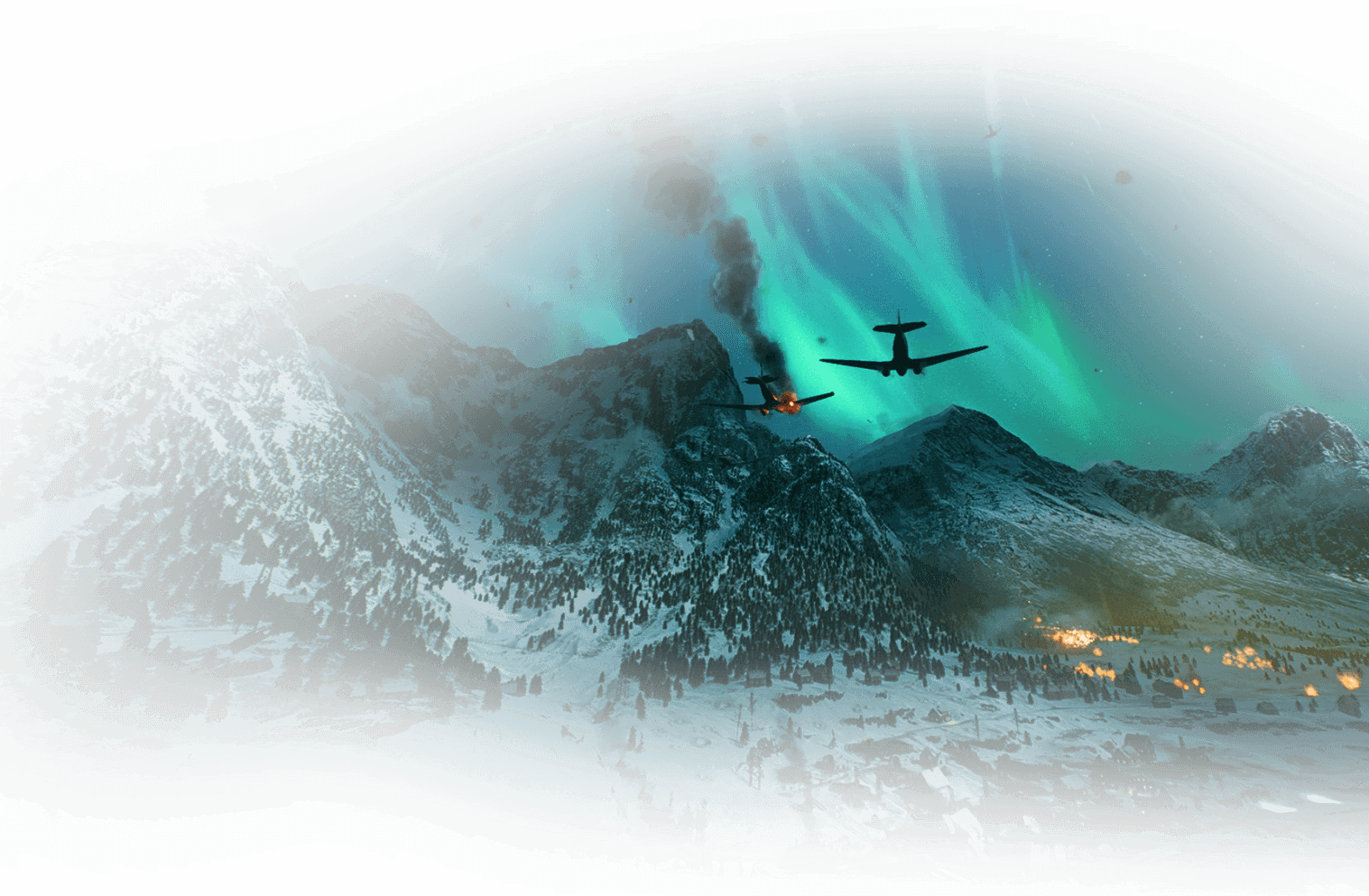 Imagem do jogo Battlefield V com cena de dois aviões no céu em plena aurora boreal; um dos aviões está caindo em chamas. 