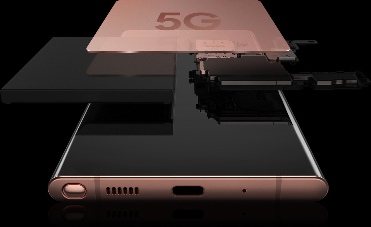 Vista da metade inferior do Galaxy Note20 Ultra em ângulo para mostrar a porta de carregamento, alto-falante e suporte para a S Pen. Flutuando na tela estão partes do hardware com um chip bronze com o texto “5G” no ponto mais alto.