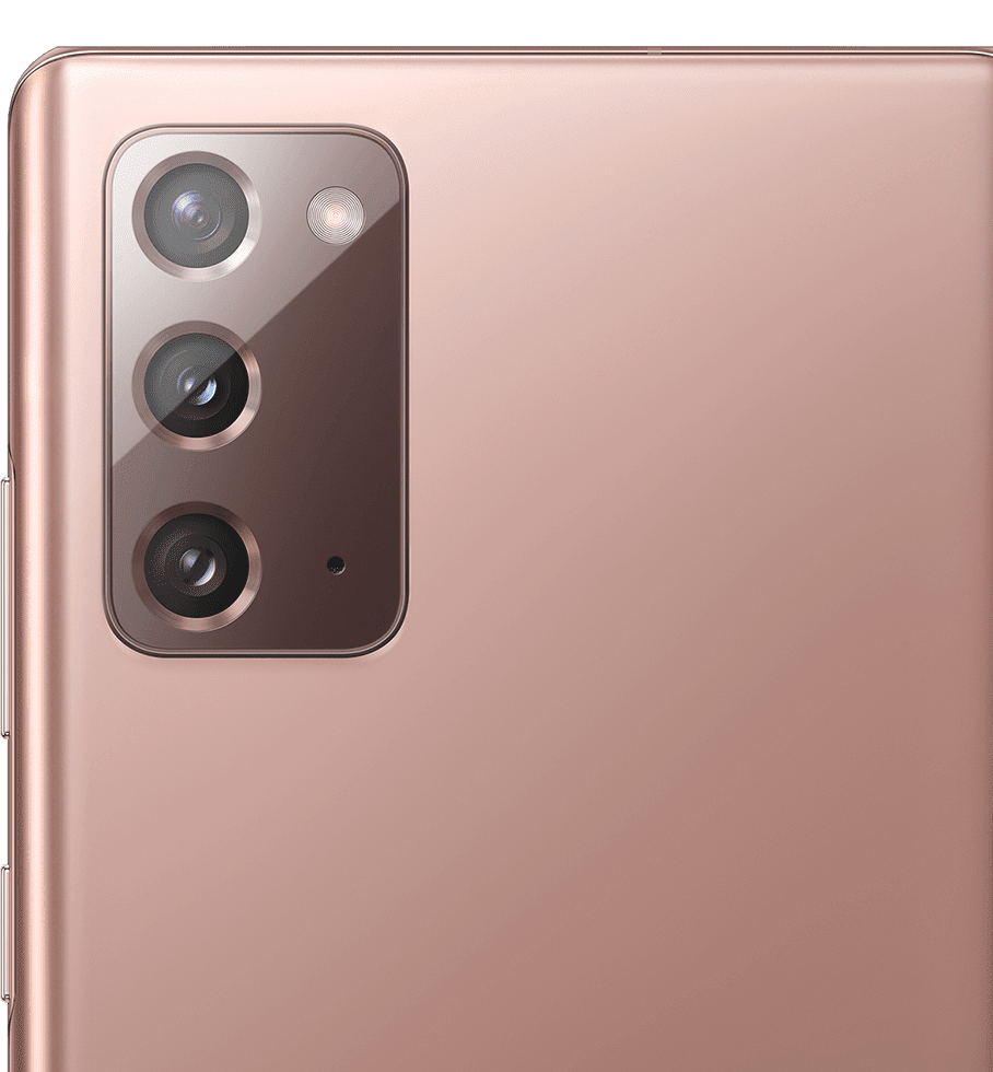Imagem aproximada da câmera traseira do Galaxy Note20 na cor bronze Mystic.