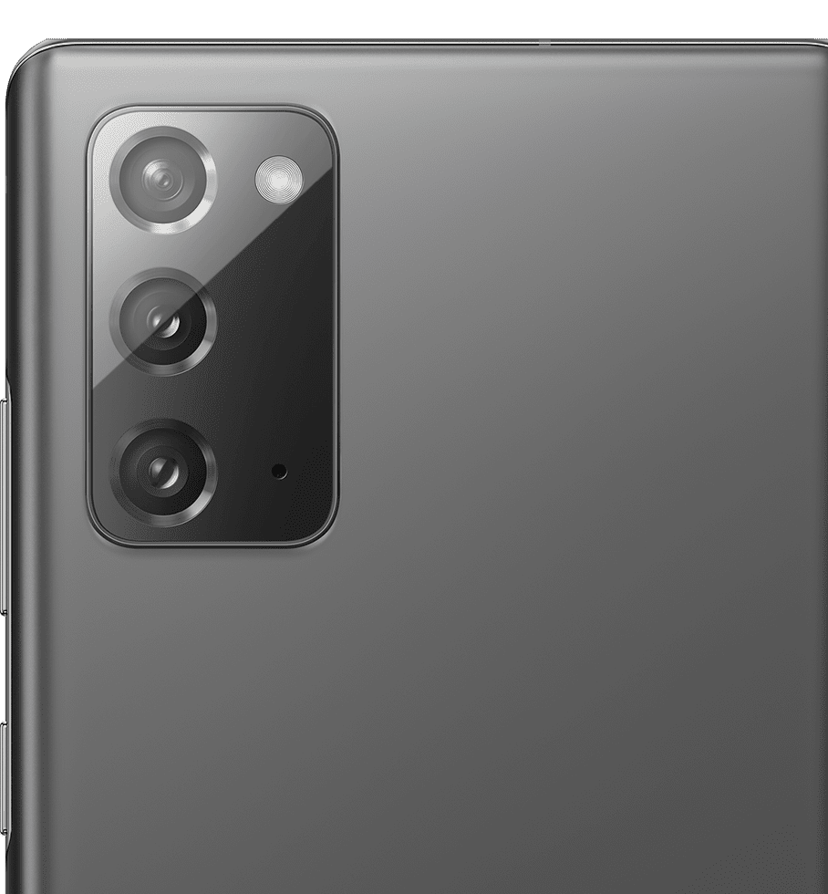 Imagem aproximada da câmera traseira do Galaxy Note20 na cor cinza Mystic.