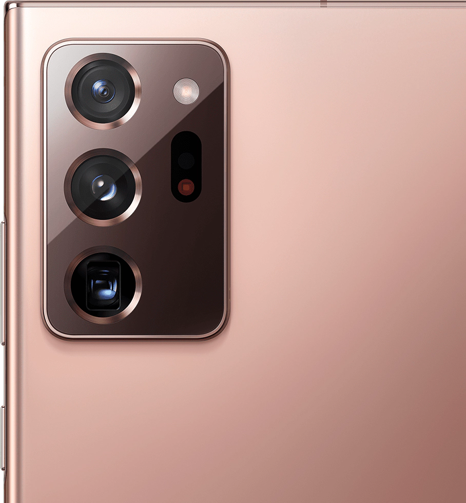 Imagem de perto da câmera traseira do Galaxy Note20 Ultra na cor bronze Mystic.
