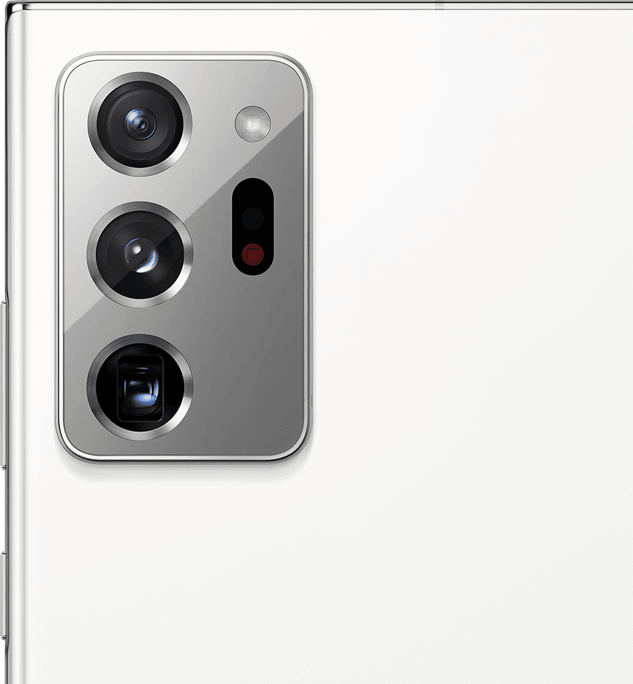 Imagem aproximada da câmera traseira do Galaxy Note20 Ultra na cor branco Mystic.