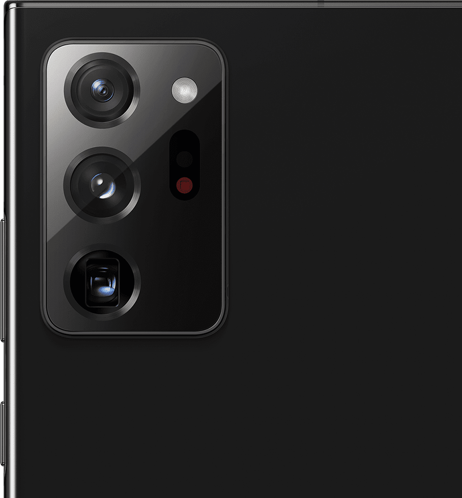 Imagem aproximada da câmera traseira do Galaxy Note20 Ultra na cor preto Mystic.