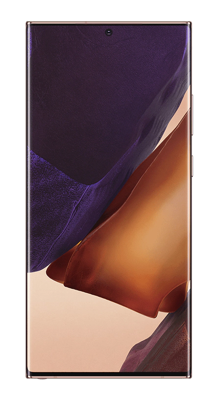Vista frontal do Galaxy Note20 Ultra em bronze Mystic com uma imagem como papel de parede na tela.