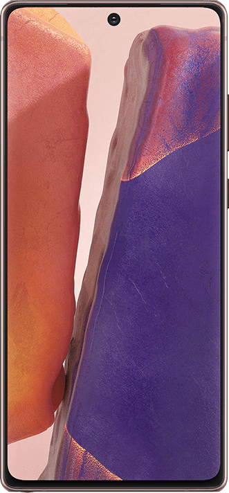 Vista frontal do Galaxy Note20 em bronze Mystic com uma imagem como papel de parede na tela.