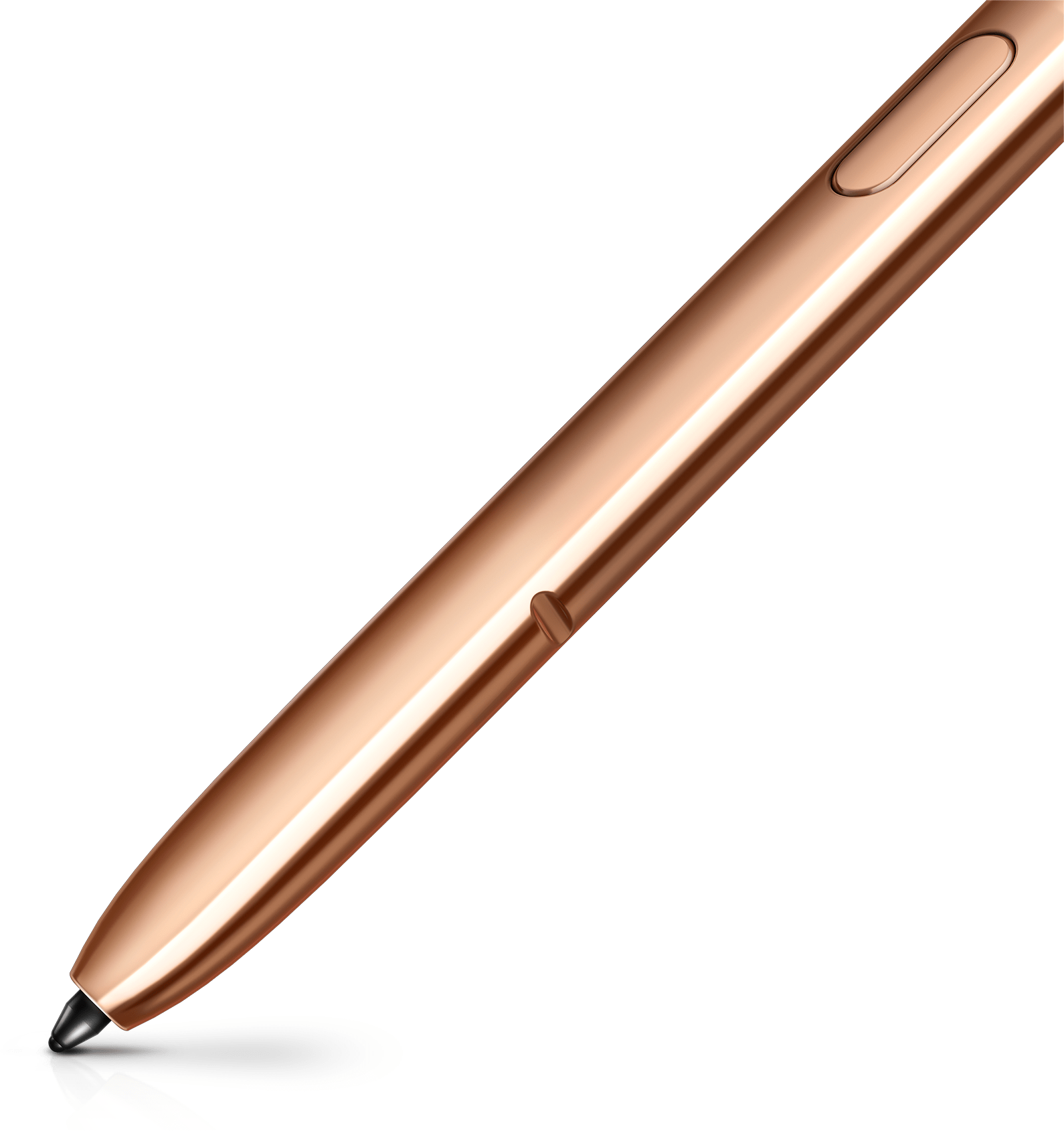 Imagem extremamente aproximada da parte inferior da S Pen bronze, exibindo sua ponta de precisão. Há um traço bronze que acompanha a ponta.