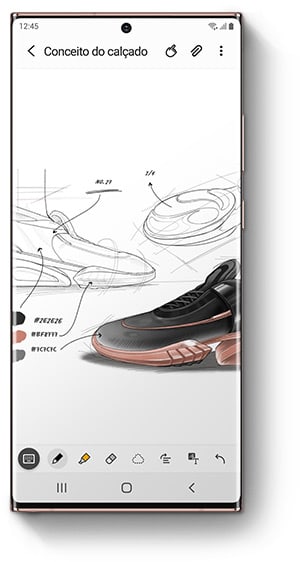 Galaxy Note20 Ultra com o aplicativo Samsung Notes na tela e o esboço de um sapato.