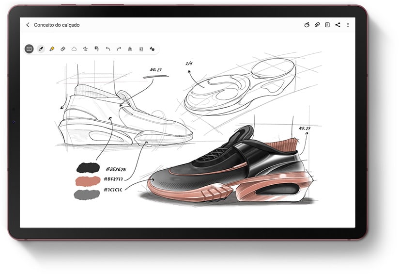 Tablet com o aplicativo Samsung Notes na tela e o mesmo esboço do sapato visto no Galaxy Note20 Ultra.