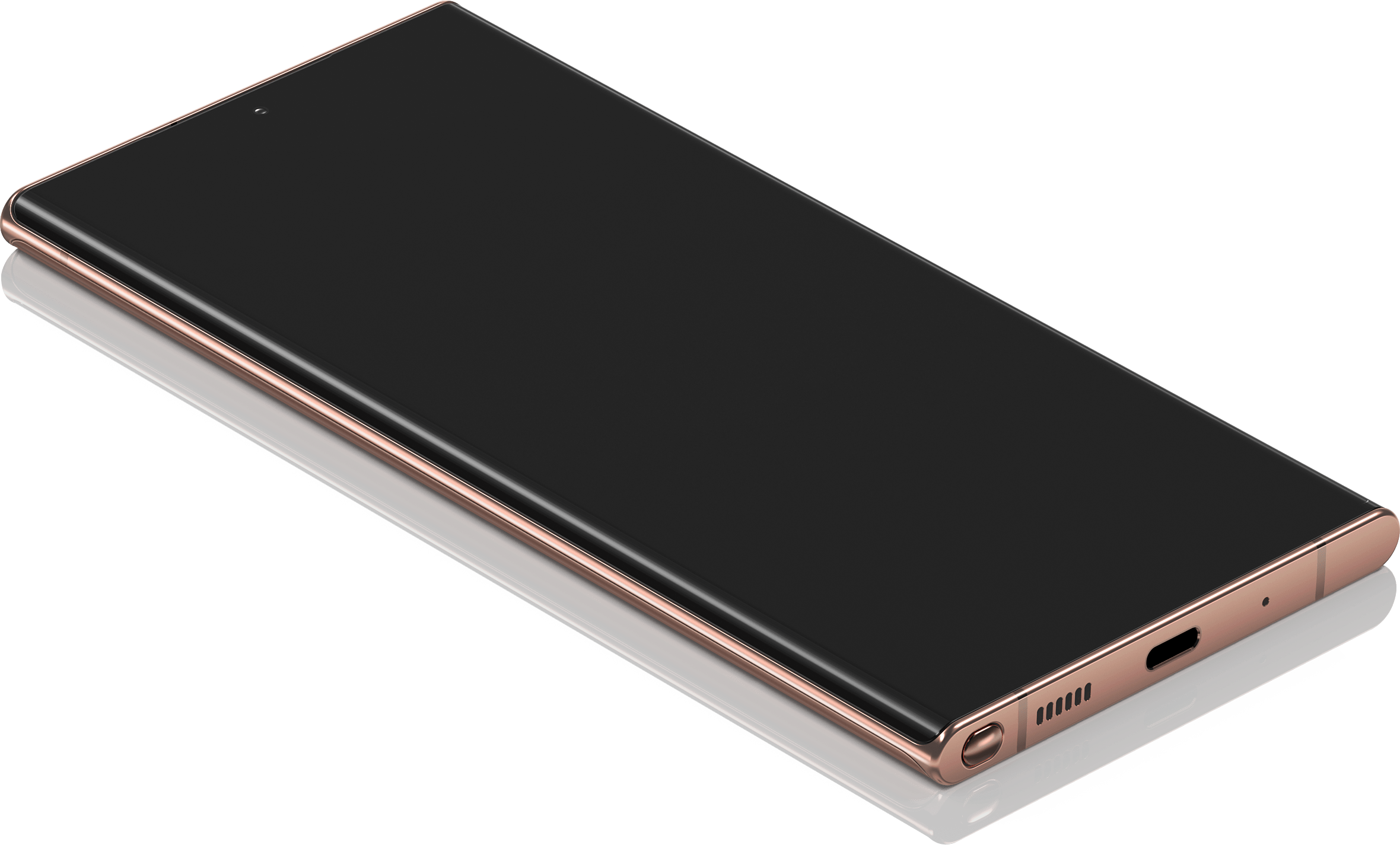 Três celulares Galaxy Note20 Ultra na cor bronze Mystic virados para cima com vários aplicativos na tela para mostrar as cores vivas e brilhantes.